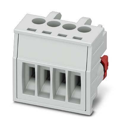 Ein grauer, rechteckiger elektrischer Anschlussblock mit vier Anschlussports und einem roten Verriegelungsmechanismus an der Seite.