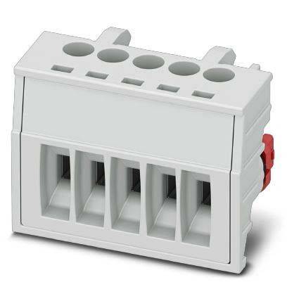 Ein weißer elektrischer Anschlussblock mit fünf Anschlussports, der zum sicheren Verdrahten und Verbinden von elektrischen Kabeln konzipiert ist.