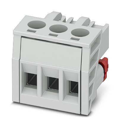 Ein grauer Elektroanschlussblock mit drei Anschlusspunkten zur Drahteinführung, der in der Elektrotechnik für sichere Verbindungen verwendet wird.