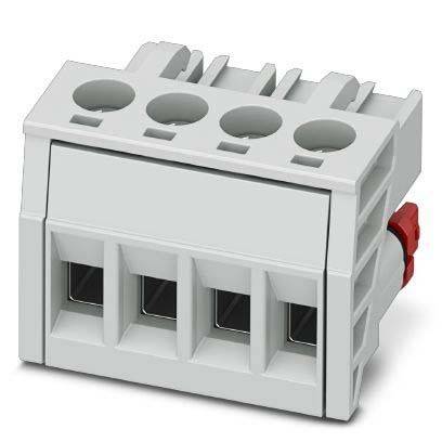 Ein weißer elektrischer Klemmblock mit vier Anschlusspunkten und einem roten Hebel an der Seite.