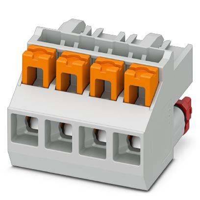 Ein 5-poliger elektrischer Leitungsverbinder mit orangefarbenen Hebeln für sichere und einfache Leitungsverbindungen, verwendet in elektrischen Installationen und für schnelle Verdrahtungsaufgaben.