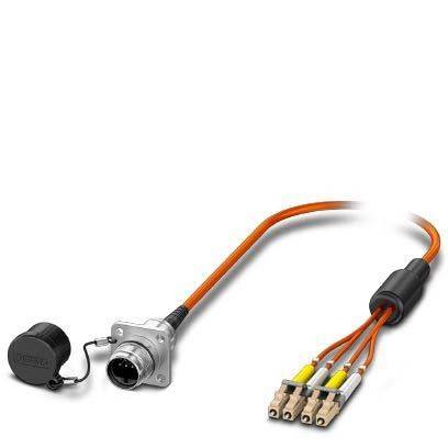 Ein industrielles Anschlusskabel mit einem runden Multi-Pin-Stecker links und drei orangefarbenen Glasfaserverbindern rechts.