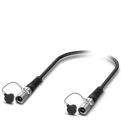 Ein schwarzes Kabel mit zwei Metallsteckern an jedem Ende, die jeweils von einer kleinen abnehmbaren Kappe bedeckt sind, verwendet für Audio- oder elektronische Geräte.