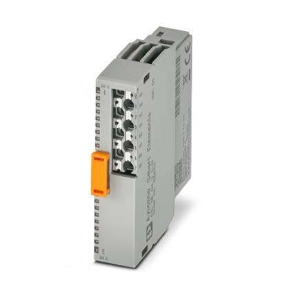 Eine kompakte rechteckige graue elektrische Komponente mit verschiedenen beschrifteten Anschlüssen und einem orangefarbenen Riegel, die für industrielle Automatisierungssysteme verwendet wird.