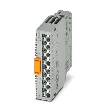 Eine Nahaufnahme eines grauen elektronischen Moduls mit mehreren Anschlüssen, einem gelben Verschluss und technischen Spezifikationen, die an der Seite gedruckt sind.