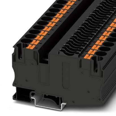 Ein mehrstufiger schwarzer elektrischer Anschlussblock mit orangefarbenen Komponenten, der zum Organisieren und Verbinden von Leitungen in elektrischen Systemen verwendet wird.