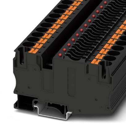 Eine schwarze elektronische Komponente mit mehreren Reihen von orange und schwarzen Anschlüssen, möglicherweise für Verkabelung oder Schaltungsverbindungen verwendet.