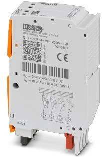 Ein Relaismodul mit einem Phoenix Contact-Etikett, das ein Diagramm mit elektrischen Verbindungen, Spezifikationen zur Spannung und CE-Kennzeichnung zeigt.