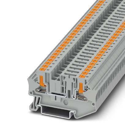Ein grau-orangefarbener Elektroklemmenblock, der zum Befestigen und Organisieren von Kabeln in industriellen oder gewerblichen elektrischen Systemen entwickelt wurde.