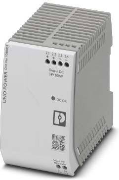Eine graue UNO POWER DC-Stromversorgungseinheit, beschriftet mit 'Output DC 24V 100W'. Sie verfügt über Statusanzeige-Leuchten, die den Betriebszustand anzeigen.