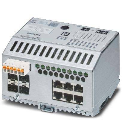 Ein industrielles Metall-Netzwerkswitch mit mehreren Ethernet-Ports und Terminalanschlüssen, der zum Verbinden und Verwalten von Netzwerkgeräten verwendet wird.