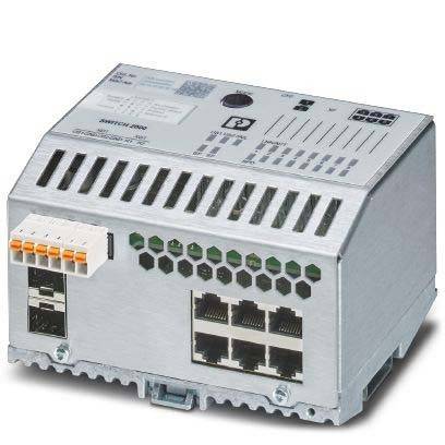 Ein kompakter industrieller Netzwerkswitch mit mehreren Ethernet-Ports und Lüftungsschlitzen, konzipiert für die Montage in Schaltschränken.