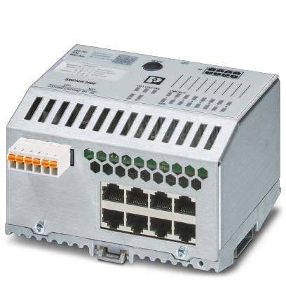 Ein metallfarbenes industrielles Gerät mit mehreren Ethernet-Anschlüssen und einem Anschlussklemmenblock, das für Netzwerk- oder Kommunikationsanwendungen verwendet wird.