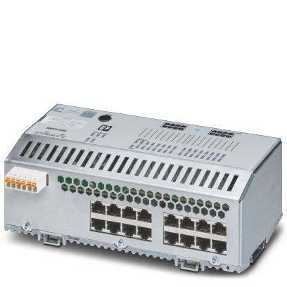 Phoenix Contact Ethernet-Switch mit mehreren RJ45-Ports und LED-Anzeigen, entwickelt für industrielle Netzwerkanwendungen.