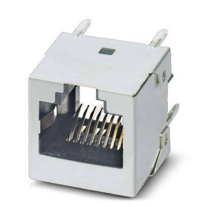 Ein Metall-RJ45-Buchsenanschluss, der mehrere goldene Stifte im Inneren zeigt, der für Ethernet-Verbindungen in elektronischen Geräten verwendet wird.