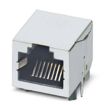 Eine Metall-RJ45-Einrastbuchse mit offener Anschlussöffnung und Kontakten, die zur Verbindung von Ethernet-Kabeln in Netzwerkgeräten verwendet wird.