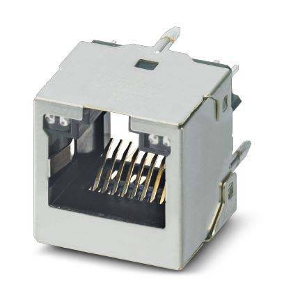 Eine Metall-Ethernet-Buchse mit sichtbaren Anschluss-Pins, die für Netzwerkkabel in elektronischen Geräten verwendet wird.