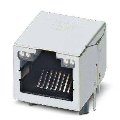 Eine Nahaufnahme eines silbernen Ethernet-Port-Anschlusses, die die Metallkontakte und rechteckige Form zeigt, der typischerweise für Netzwerkkabel verwendet wird.