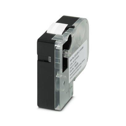 Eine Druckerband-Kassette mit schwarzem und transparentem Etikett mit weißem Etikett auf einem einfachen weißen Hintergrund.