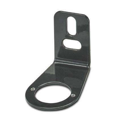 Eine schwarze Metallhalterung mit zwei Befestigungslöchern und einer kreisförmigen Öffnung an der Basis, die üblicherweise zum Befestigen von Objekten verwendet wird.