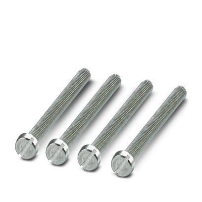 Vier silberne Metallschrauben parallel ausgerichtet auf weißem Hintergrund.