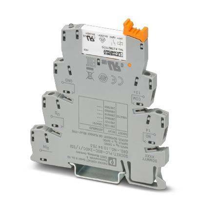 Ein grauer elektrischer Relais mit mehreren Anschlüssen, beschriftet mit 'Phoenix Contact', der für automatisierte Steuerungssysteme verwendet wird.
