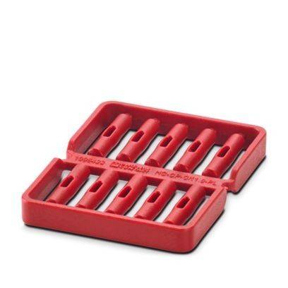 Ein rotes Kunststoff-Eiswürfelbehältnis mit acht rechteckigen Fächern, das zum Gefrieren von Wasser zu Eiskugeln ausgelegt ist.