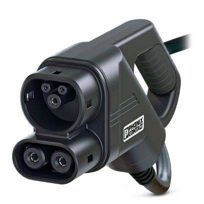 Ladeanschluss mit einem schwarzen Griff und Kabel, typischerweise für Elektrofahrzeuge verwendet, mit mehreren Stiften und der Beschriftung 