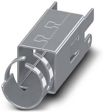 Ein Käfigmodul aus Silbermetall mit einem Verschlussmechanismus, konzipiert für elektronische Komponenten.