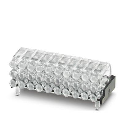 Ein transparentes LED-Anzeigemodule mit mehreren klaren gewölbten Linsen, die in Reihen und Spalten auf einer schwarzen Basis ausgerichtet sind, das für elektronische Anzeigen verwendet wird.