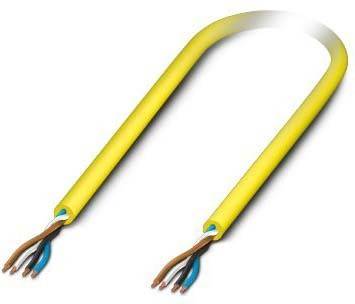 Ein gelbes elektrisches Kabel mit einem Bogen, mit freiliegenden braunen und blauen Drähten an beiden Enden, die Verbindungspunkte anzeigen.