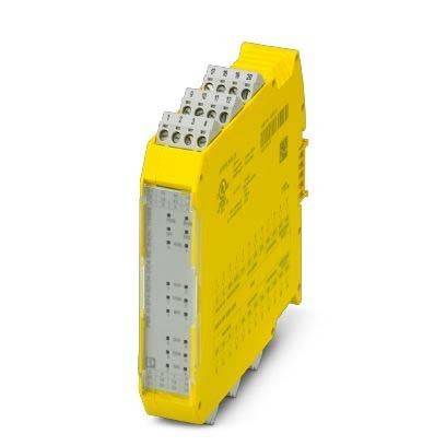 Ein gelbes elektronisches Sicherheitsrelais mit mehreren Anschlussklemmen an der Oberseite, verwendet zur Steuerung von Sicherheitsfunktionen in industriellen Anwendungen.