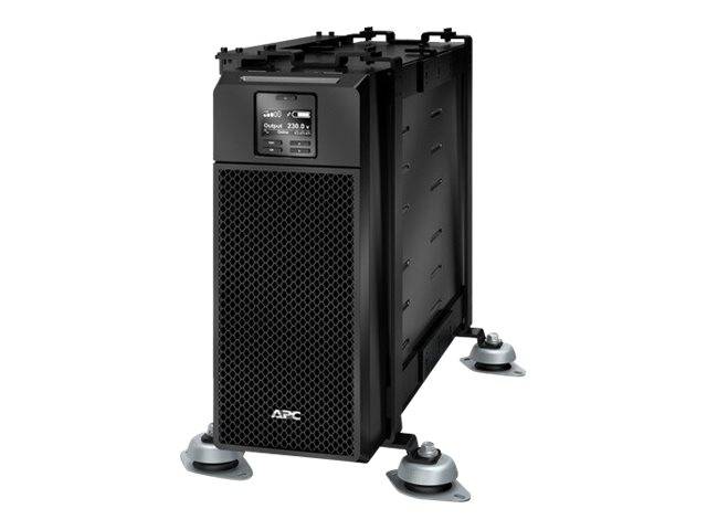Schwarzer APC-Tower-USV-Batteriewechselrichter mit Frontdisplay und vier verstellbaren Nivellierfüßen auf weißem Hintergrund
