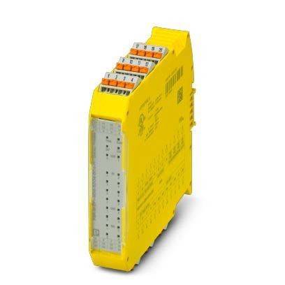 Ein gelbes elektronisches Modul mit mehreren Anschlusspunkten, das in industriellen Automatisierungssystemen verwendet wird. Die linke Seite weist nummerierte Anschlussklemmen auf.