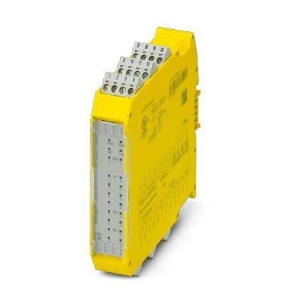 Eine gelbe industrielle elektrische Komponente mit Anschlussklemmen oben, die für Sicherheitsautomatisierungssysteme in Maschinen verwendet wird.