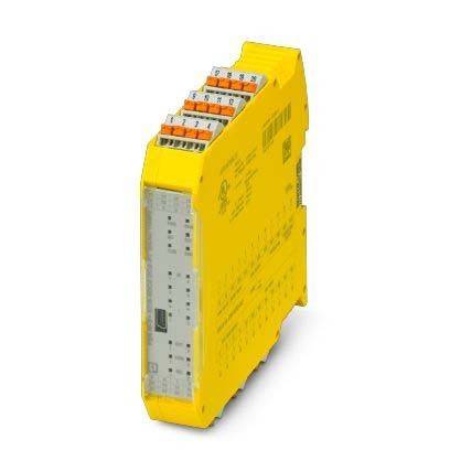 Ein gelbes industrielles Sicherheitsrelais-Modul mit Klemmverbindungen, das zur Überwachung und Steuerung von elektrischen Sicherheitssystemen verwendet wird.