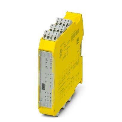 Ein gelbes elektronisches Sicherheitsrelais mit mehreren Anschlussklemmen, das für industrielle Automatisierung und Gewährleistung der Gerätesicherheit verwendet wird.