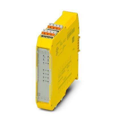 Ein gelbes industrielles Sicherheitsrelaismodul zur Überwachung und Steuerung elektrischer Schaltkreise mit mehreren Anschlussports auf der Oberseite.