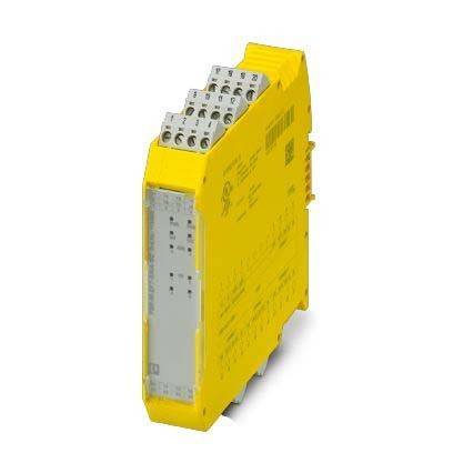 Ein gelbes elektronisches Sicherheitsrelais-Modul mit mehreren Anschlüssen, das zur Verbesserung der Sicherheit in Automatisierungssystemen verwendet wird.