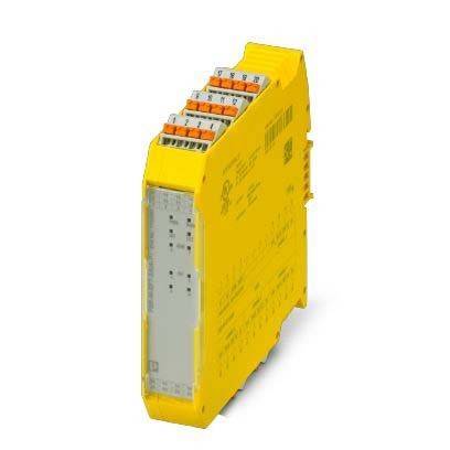 Ein gelbes industrielles Sicherheitsrelais-Modul mit Verdrahtungsanschlüssen auf der Oberseite, das zur Überwachung und Steuerung notwendiger Sicherheitsfunktionen verwendet wird.