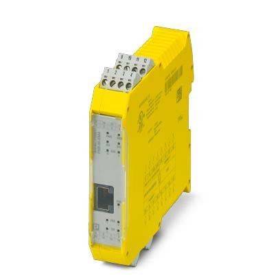 Ein gelbes industrielles elektronisches Modul mit mehreren Anschlussports, das für Sicherheitsrelais-Anwendungen in Automatisierungssystemen verwendet wird.