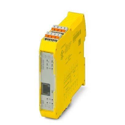 Ein gelbes elektronisches Sicherheitsrelais-Modul mit mehreren Anschlussklemmen ist abgebildet, das in industriellen Anwendungen zur Steuerung von Sicherheitskreisen verwendet wird.