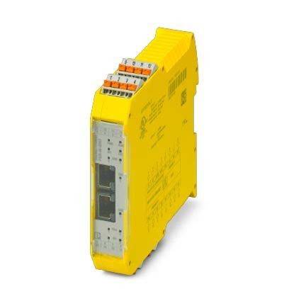 Ein gelbes industrielles Sicherheitsrelais-Modul mit mehreren Eingangs- und Ausgangsklemmen, auf dessen Seite technische Spezifikationen angezeigt werden.