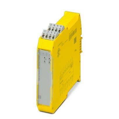 Ein gelbes Phoenix Contact Sicherheitsrelais, verwendet zur Steuerung von Sicherheitsfunktionen in der Automatisierung. Es ist kompakt mit mehreren Anschlusspunkten.
