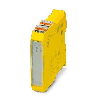 Gelbes elektronisches Sicherheitsrelais mit mehreren Anschlussklemmen auf der Oberseite und technischen Spezifikationen, die auf einer Seite gedruckt sind.