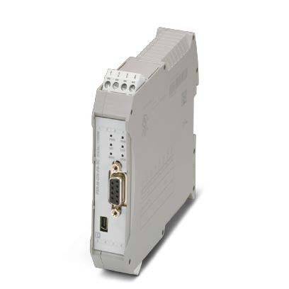 Ein grauer industrieller Elektronikgeräte mit mehreren Anschlüssen und technischen Spezifikationen auf seiner Oberfläche beschriftet.