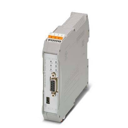 Ein rechteckiges elektronisches Gerät mit Anschlüssen und Steckverbindern an der Seite, das für industrielle Automatisierung oder Datenverarbeitungsanwendungen verwendet wird.