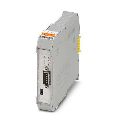 Ein grauer DIN-Schienen-montierter industrieller Kommunikationsmodul mit einer DB9-Seriellschnittstelle und USB-Anschluss, verwendet zur Verbindung von Automatisierungsgeräten.