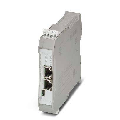Ein grauer industrieller Automatisierungsgeräte mit Ethernet-Ports und einem USB-Anschluss an der Vorderseite, der für die Datenkommunikation in Steuerungssystemen verwendet wird.