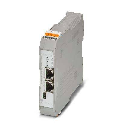 Ein kompaktes, graues industrielles Netzwerkmodul mit zwei Ethernet-Ports und einem kleineren USB-Port an der Vorderseite.